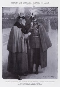 Kung Edward VII klädd som överste av de preussiska dragonerna och kejsaren Wilhelm II klädd som brittisk fältmarskalk (litho) av Louis Remy Sabattier