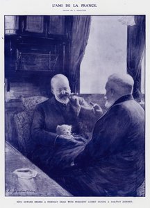 Kung Edward VII på tågresa med Frankrikes president Emile Loubet (litho) av Louis Remy Sabattier