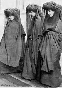 Prinsessorna Louise, Stephanie och Clementine av Sachsen Cobourg (Saxe-Cobourg) i sorg vid begravningen av sin far, kung Leopold II av Belgien (1835-1909) i december 1909. Illustration av Louis Remy Sabattier (1863-1935)