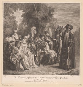 Doloride ber Don Quijote att hämnas för henne La Doloride affligée de sa barbe vient prier Don Quichotte de la venger (titel på objekt) Historia om Don Quijote från La Mancha (serietitel)