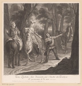 Don Quijote låter Sancho be hertiginnan om lov att få träffa henne Don Quichotte fait demander par Sancho ala Duchesse ca permission de la voir (titel på objekt) Historia om Don Quijote från La Mancha (serietitel)