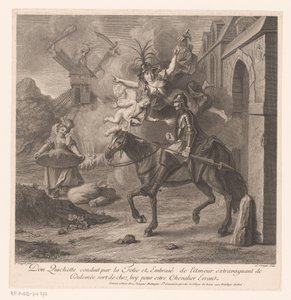 Don Quijote, åtföljd av Dårskapen, lämnar sitt hus för att bli en vandrande riddare Don Quijote ledning par la Folie et embrasé de l