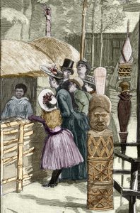 Universell utställning 1889 - Canaque-byn vid Esplanade des Invalides (Canaques som ställdes ut under utställningen: Human Zoo) - Teckning av Louis Tinayre (1861-1942) - i "" Le Monde Illustré""" av 1889-07-22.