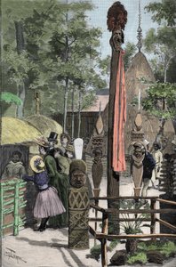 Universell utställning 1889 - Canaque-byn vid Esplanade des Invalides (Canaques som ställdes ut under utställningen: Human Zoo) - Teckning av Louis Tinayre (1861-1942) - i "" Le Monde Illustré""" av 1889-07-22.