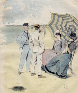 Havsbad: på stranden. från L. Vallet Watercolour. 1892.