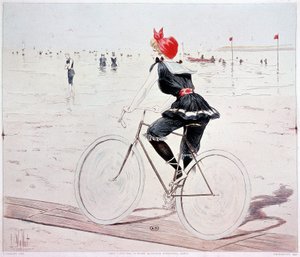 Kvinna på cykel på stranden - teckning av L. Vallet