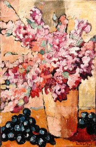 Stilleben med blommor och svarta druvor av Louis Valtat