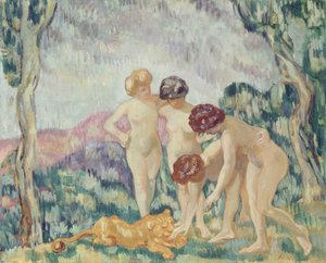 Unga flickor som leker med en lejonunge, ca 1905-06 (olja på duk) av Louis Valtat