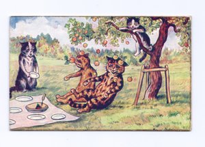 Ett viktorianskt gratulationskort med äpple som faller på två katter på en picknick, ca 1880 av Louis Wain