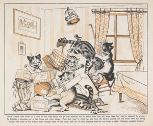 Katter leker med lådor i ett rum. av Louis Wain