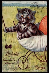 Diabolo. Till och med bebis spelar det. Djur i mänsklig ställning. Kattunge leker med en diabolo i sin vagga. Vykort. Kromolitografi av Louis Wain (1860-1939), en engelsk konstnär känd för sin skildring av katter med stora ögon. Början av den 20:e av Louis Wain