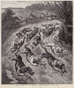 Hundar i full gråt i början av jaktsäsongen (litho) av Louis Wain