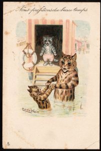 Vi tar vara på det fina vädret. Djur i mänsklig ställning. Katt havsbad på semester. Vykort. Kromolitografi av Louis Wain (1860-1939), en engelsk konstnär känd för sin skildring av katter med stora ögon. Början av 1900-talet. Krage av Louis Wain