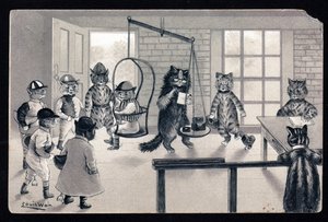 Vi tar vara på det fina vädret. Djur i mänsklig ställning. Kattjockey vägs på en våg. Vykort. Kromolitografi av Louis Wain (1860-1939), en engelsk konstnär känd för sin skildring av katter med stora ögon. Början av 20 av Louis Wain