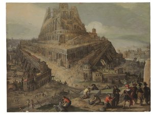 Kung Nimrod beordrar byggandet av Babels torn (olja på pannå) av Louis de (circle of) Caullery