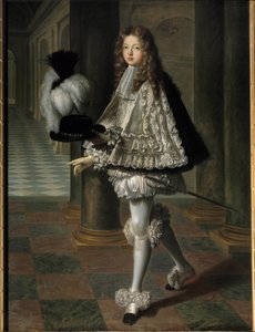 Porträtt en pied av Louis Alexandre de Bourbon, greve av Toulouse i nybörjarklänning av den Helige Ande (Den Helige Andes Orden) (1678-1737), legitim son till Ludvig XIV och Francoise Athenais (Francoise-Athenais) av Rochechouart Mortemart, Marquise av Mon