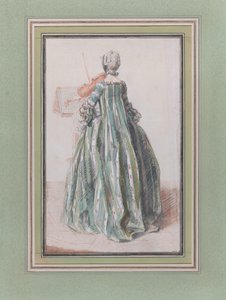 Kvinna som spelar fiol, sett bakifrån, ca. 1758-59.