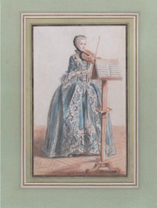 Kvinna som spelar fiol, sett framifrån, ca. 1758-59.