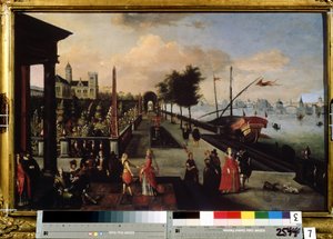 ""Promenaden längs havet"" Utsikt över en stad troligen i Holland. Målning av Louis de Cauley (känd som Master of the Book of Sketches of Leningrad) (cirka 1580- efter 1621). Radishchev-museet från 1600-talet, Saratov, Ryssland