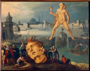 Världens sju underverk: "" The Colossus of Rhodes"" (Colosso di Rodi) Målning av Louis de Caullery (känd som Mästaren på Leningrads skissbok) (cirka 1580- efter 1621) 1600-talets sön. 0,35x0,46 m