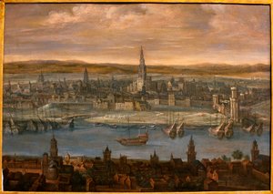 Vy över Sevilla - Målning tillskriven Louis de Caulery (1580-1621), olja på duk, början av 1600-talet - Museum of Fine Arts i Sevilla, Spanien
