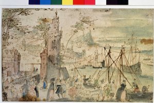 ""Utsikt över en hamn"" Holländsk hamn. Akvarell och penna av Louis de Caury (känd som Master of the Book of Sketches of Leningrad) (cirka 1580- efter 1621) Pushkin-museet från 1600-talet, Moskva, Ryssland