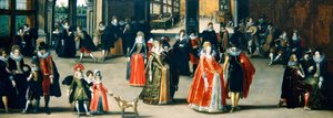 Eleganta figurer som dansar i en interiör (olja på panel)