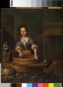 ""Kocken"" (Kocken) En ung kock i ett lantkök som förbereder kål. Målning av Louis de Moni (1698-1771) Mikalojus Konstantinas Ciurlionis Fine Arts Museum, Kaunas, Litauen