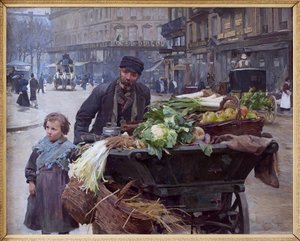 De fyra årstidernas köpman i Paris. Bakom honom, Hotel du Louvre (1:a arrondissement) målning av Louis Marie de Schryver (1862-1942), olja på duk
