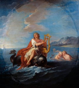 Arion spelar lyra. Arion de Methymne är en grekisk poet från 700-talet f.Kr. Målning av Louis De Silvestre (1675-1760)