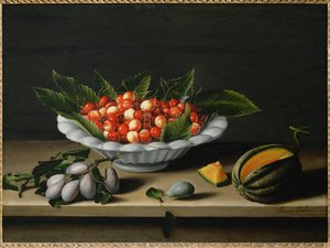 Kopp med körsbär, plommon och melon ... av Louise (circle of) Moillon