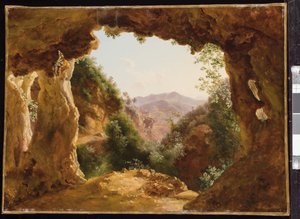 En grotta i ett stenigt landskap (olja på papper monterad på duk)
