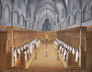 Port-Royal des Champs Abbey, kör av nunnor i kyrkan (ritning)
