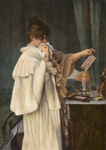 "All Over", flicka bränner sin älskares porträtt efter att deras affär är över (färglitografi) av Louise Max Ehrler