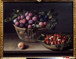 En persika, jordgubbar och en fruktkorg Målning av Louise Moillon (1610-1696) Toulouse från 1600-talet, Musee des Augustins