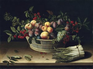 Stilleben med en fruktkorg och ett gäng sparris, 1630