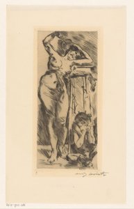 Naken kvinna med solfjäder i handen och en hukad figur till höger om henne av Lovis Corinth (signed by artist)