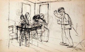 Timmerstuga (recto), figurer i interiör (verso) av Lovis Corinth