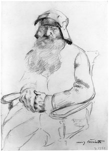Sittande skäggig gammal man med en hjälm från 1500-talet, sedd framifrån (studie till Götz von Berlichingen) av Lovis Corinth