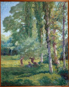 Par på gräset under en poppel Målning av Loys Prat (1879-1934), 1900-talet. Olja på duk. Donzere, Rådhuset.