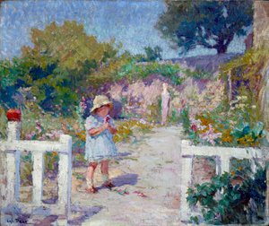 Liten flicka i trädgården Målning av Joseph Loys Prat (1879-1934), 1900-talet.