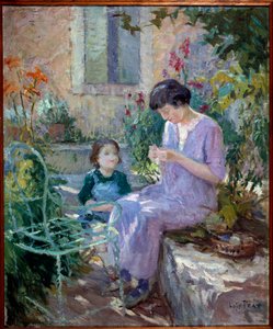 Madame Prat och hennes dotter i trädgården Målning av Joseph Loys Prat (1879-1934), 1900-talet. Borgmästare i Donzere.