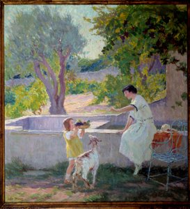 Madame Prat och hennes dotter i trädgården med den lilla geten Målning av Joseph Loys Prat (1879-1934), 1900-talet. Borgmästare i Donzere.