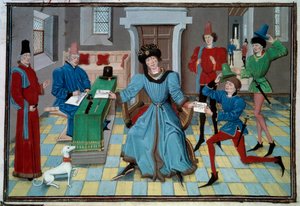 Ankomst av en miniatyrbudbärare från manuskriptet "Renaud de Montauban" eller "Les quatre fils Aymon" av Loyset Liedet (aktiv mellan 1448 och 1478). Ms 5073. 1400-talets Bibliotheque de l