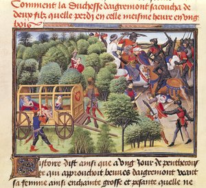 Ms 5072 f.6v Hur hertiginnan av Aigremont födde två söner och förlorade dem under samma timme i en skog, från Renaud de Montauban-cykeln
