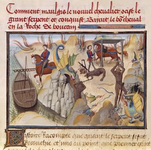 Ms 5072 fol.37v Maugis Fighting the Serpent and Gaining the Enchanted Horse, Bayard, från Renaud de Montauban-cykeln av Loyset Liedet