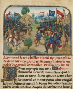 Frankrikes och Bourgognes arméer med Martel i bön av Loyset Liedet