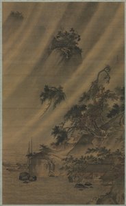 River Village i en regnstorm, ca. 1480-1507. av Lu Wenying