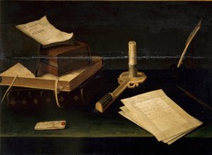 Stilleben av böcker, fjäder, brev och ljusmålning av Lubin Baugin (1610-1663) 1600-talets Rom Galleria Spada