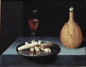 Stillebenswaferdessert av kex, vinflaska och glas - olja på duk